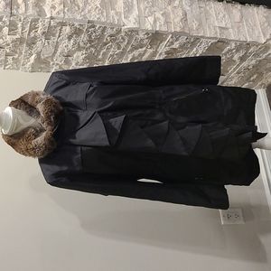Tahari black nylon jacket with removable rabbit fur trim